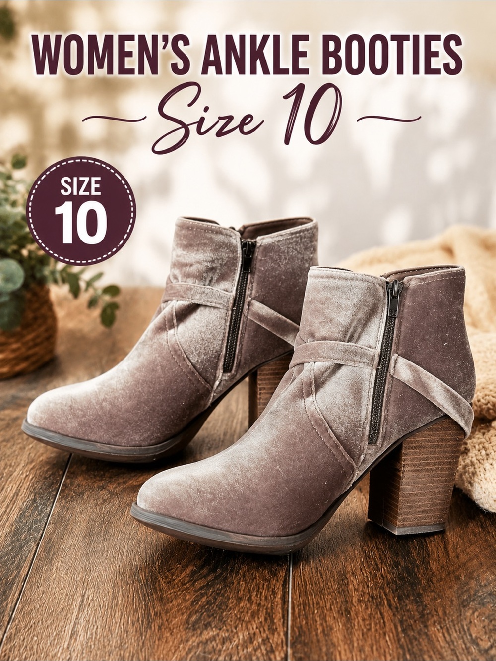 Not Rated Taupe Velvet Ankle Booties with Block Heel SIZE 10